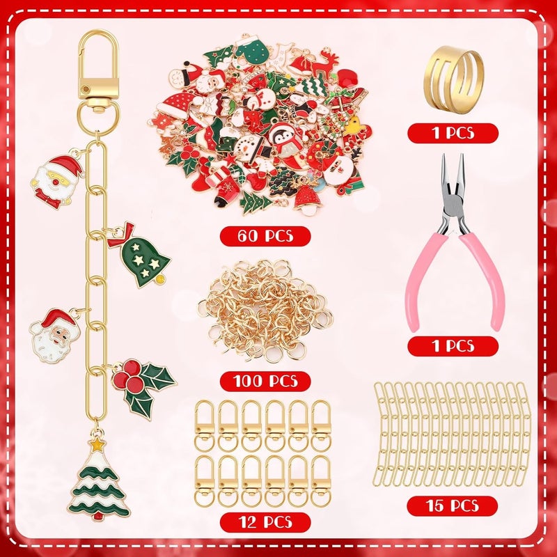 Augsun 189Pcs Christmas Keychain Making Kit, Charm Making Crafts Including 60 Christmas Charms 12 Keychain Clips Hooks 15 Extender Chains 100 Jump Ring and Jewelry Plier for Holiday Gifts - Image 2